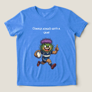 Schotse Doornpluim Rugby Mascotte met Stekelige Sp Tri-Blend Shirt