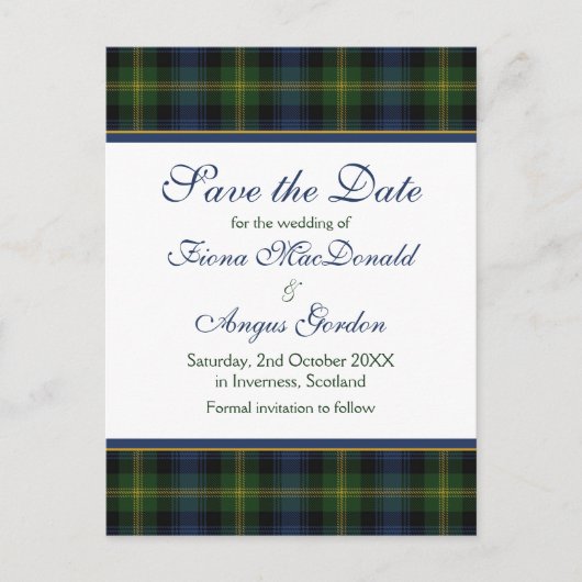 Schotse Gordon Tartan Bruiloft Save the Date Aankondigingskaart (Voorkant)