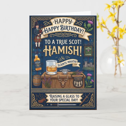 Schotse Hamish Verjaardag Kaart (Gele Bloem)