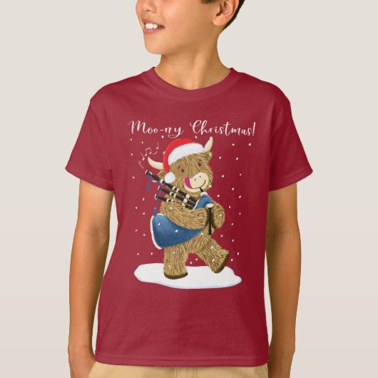 Schotse Highland Koe speelt Kerstmis doedelzak T-shirt (Voorkant)