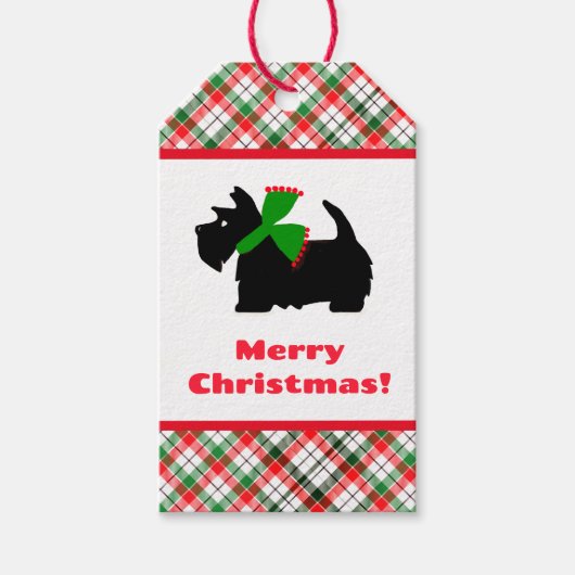 Schotse hond kerstcadeau-ideeën met plaid cadeaulabel (Voorkant)