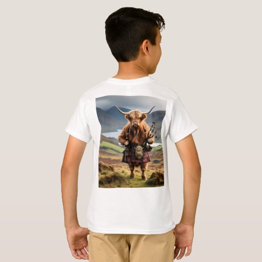 Schotse Hoogland Koe Bagpiper, Kinder Tshirt (Achterkant volledig)