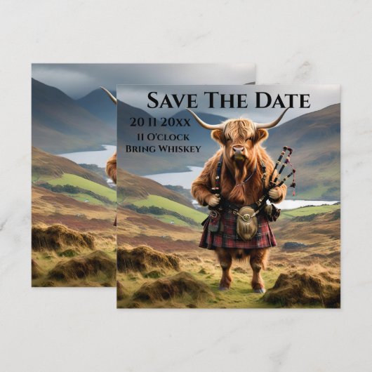 Schotse Hoogland Koe Bagpiper, Save The Date (Voorkant / Achterkant)