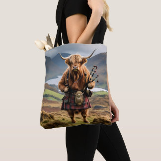 Schotse Hoogland Koe Bagpiper, Tote Bag