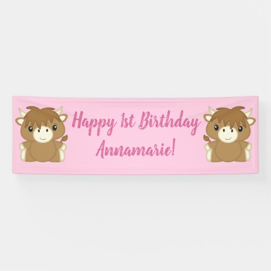 Schotse hoogland Koe Birthday Party Pink Spandoek (Horizontaal)
