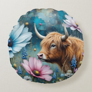 Schotse Hoogland Koe Bloemrijke Kleurrijke Cosmos  Rond Kussen