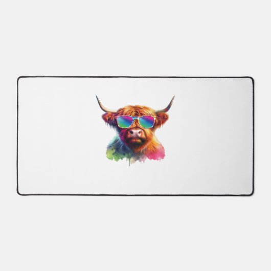 Schotse Hoogland Koe in Zonnebril Kleurrijk Water Bureaumat (Voorkant)