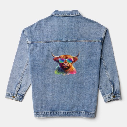 Schotse Hoogland Koe in Zonnebril Kleurrijk Water Denim Jacket (Achterkant)