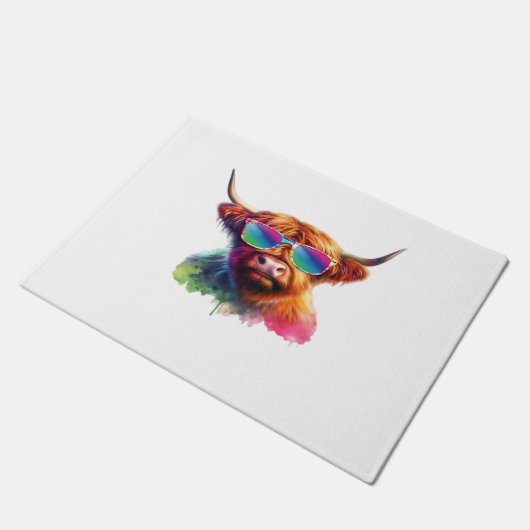Schotse Hoogland Koe in Zonnebril Kleurrijk Water Deurmat (Schuin)