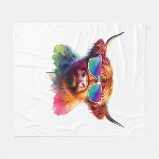 Schotse Hoogland Koe in Zonnebril Kleurrijk Water Fleece Deken (Voorkant (Horizontaal))