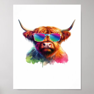 Schotse Hoogland Koe in Zonnebril Kleurrijk Water Poster
