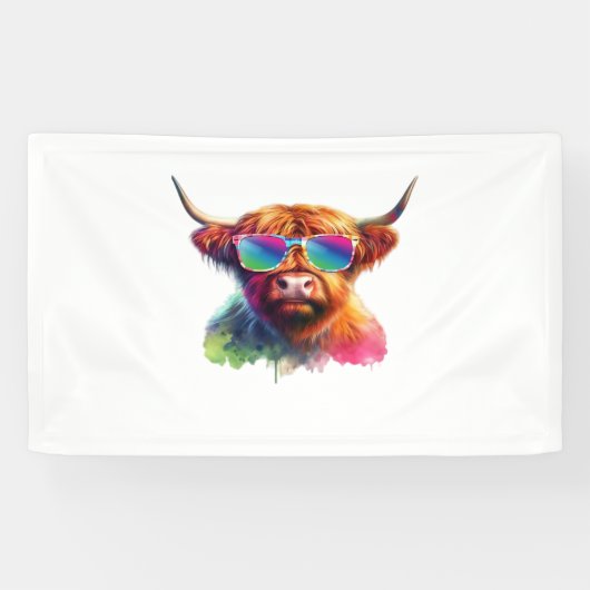 Schotse Hoogland Koe in Zonnebril Kleurrijk Water Spandoek (Horizontaal)