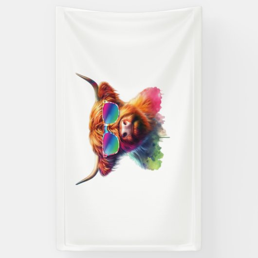 Schotse Hoogland Koe in Zonnebril Kleurrijk Water Spandoek (Verticaal)