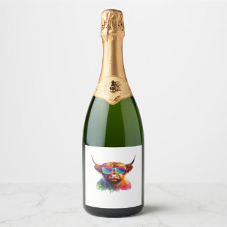 Schotse Hoogland Koe in Zonnebril Kleurrijk Water Sparkling Wijnetiket