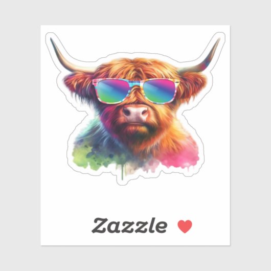 Schotse Hoogland Koe in Zonnebril Kleurrijk Water Sticker (Vel)