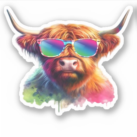 Schotse Hoogland Koe in Zonnebril Kleurrijk Water Sticker (Voorkant)