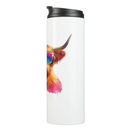 Schotse Hoogland Koe in Zonnebril Kleurrijk Water Thermosbeker (Geroteerd rechts)