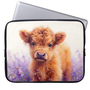 Schotse Hoogland Koe Kalf Paarse Wildflower Laptop Sleeve