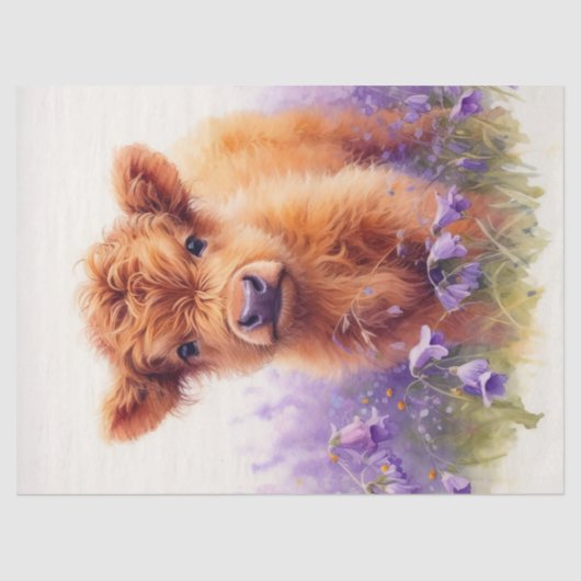 Schotse Hoogland Koe Kalf Wildflower Decoupage Tissuepapier (Voorkant)