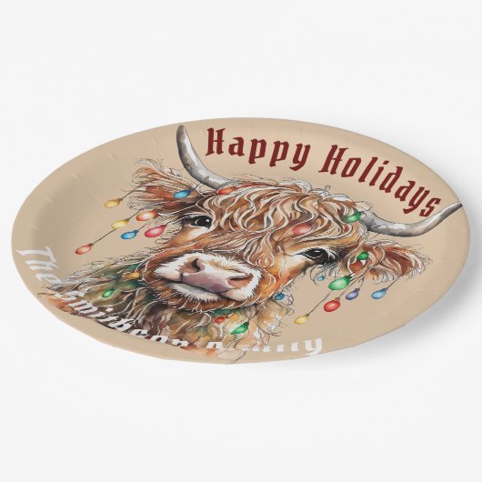 Schotse Hoogland Koe Kerstverlichting Papieren Bordje (Gekanteld)