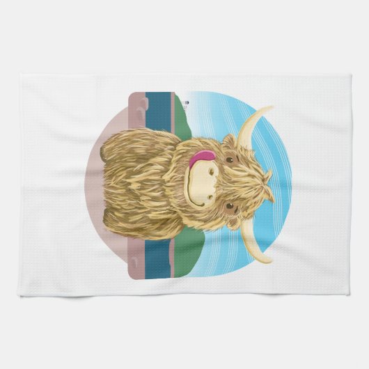 Schotse hoogland Koe, koel op het strand Theedoek (Horizontaal)