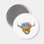 Schotse Hoogland Koe met de Waterverf Flowers Magneet (Voorkant / Achterkant)