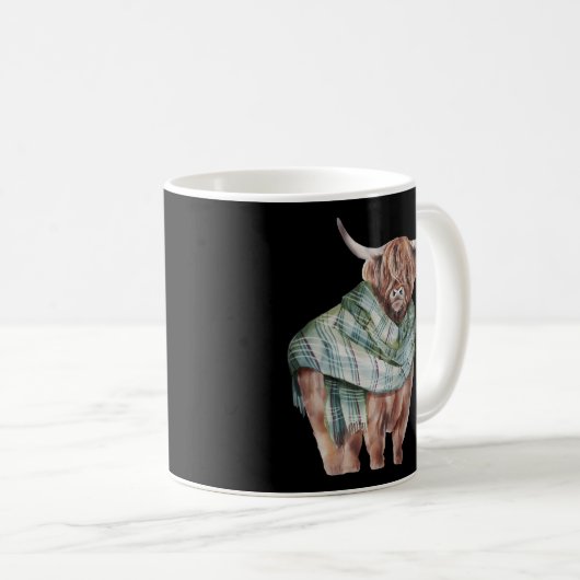 Schotse Hoogland Koe met groene geruite sjaal Heif Koffiemok (Voorkant rechts)