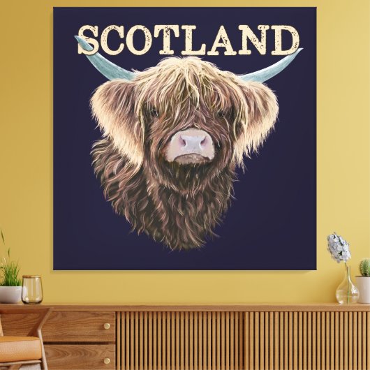 Schotse Hoogland Koe met Schotland Slogan Canvas Afdruk (Insitu (Woonkamer))