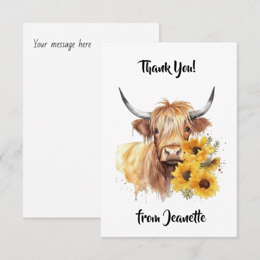 Schotse Hoogland Koe met Zonnebloemen. bewerkbaar Bedankkaart (Voorkant / Achterkant)