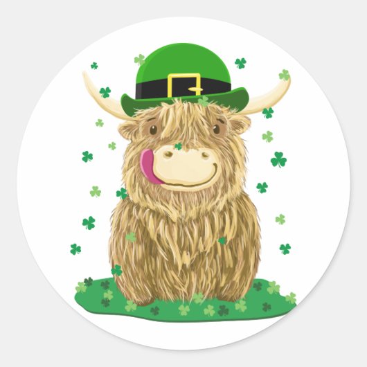 Schotse Hoogland Koe St Patrick's Day Shamrocks Ronde Sticker (Voorkant)
