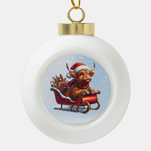 Schotse Hoogland Santa koe in slee Keramische Bal Ornament (Voorkant)