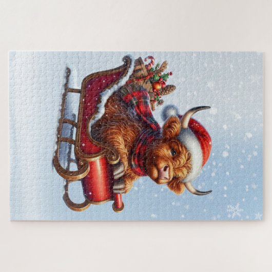 Schotse Hoogland Santa koe in slee Legpuzzel (Horizontaal)