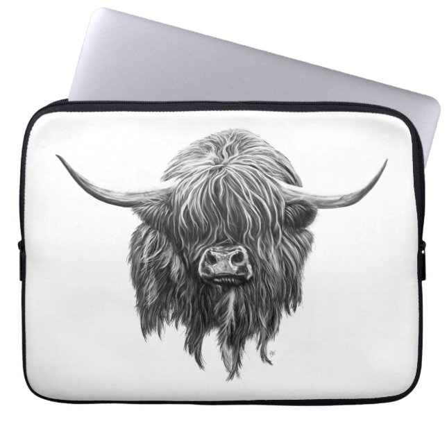 Schotse hooglandenkool in zwart-wit laptop sleeve (Voorkant)