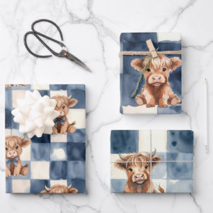 Schotse Hooglander Blauw Geruit Waterverf Mooie Inpakpapier Vel