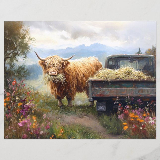 Schotse Hooglander die Hooibalen Eet Scrapbook Pap (Voorkant)