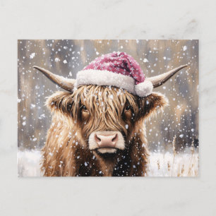 Schotse Hooglander in de Sneeuw met Kerstman Hoed Briefkaart
