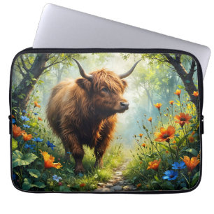Schotse Hooglander in het bos met wilde bloemen Laptop Sleeve