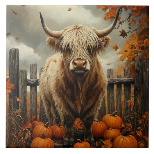 Schotse Hooglander in Pompoenveld Tegeltje (Voorkant)