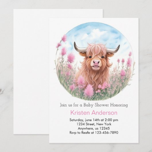 Schotse Hooglander Koe Roze Waterverf Meisje Baby  Kaart (Voorkant / Achterkant)