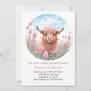 Schotse Hooglander Koe Roze Waterverf Meisje Baby  Kaart