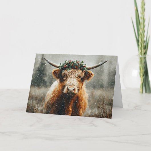 Schotse Hooglander met Kerstkrans Kroon Kaart (Voorkant)