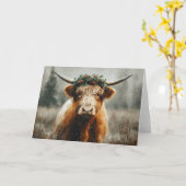Schotse Hooglander met Kerstkrans Kroon Kaart (Gele Bloem)