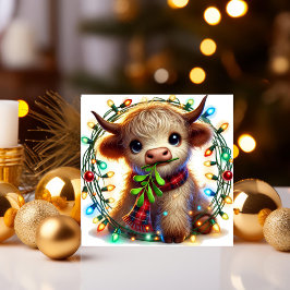 Schotse Hooglander met maretak en kerstverlichting Feestdagenkaart