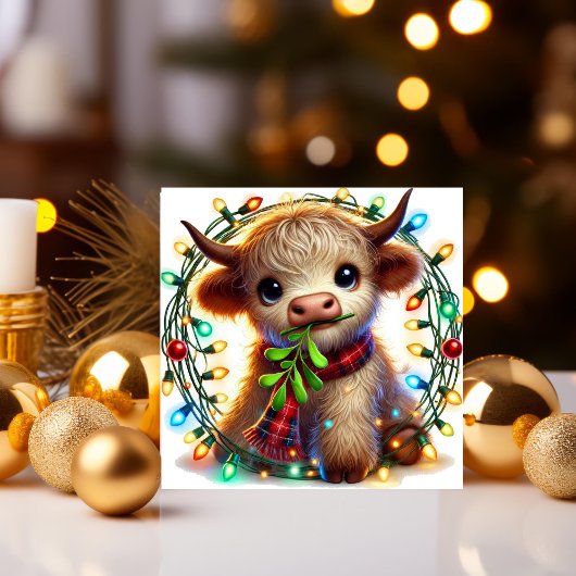 Schotse Hooglander met maretak en kerstverlichting Feestdagenkaart