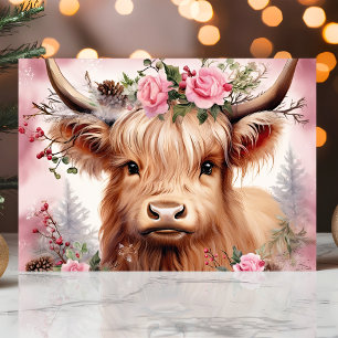 Schotse Hooglander met Roze Rozen Festive Kerstmis Feestdagen Kaart