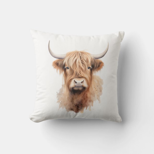 Schotse hooglander waterverf ranch grappig kussen (Voorkant)