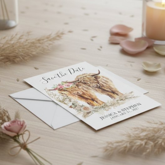 Schotse Hooglanders Huwelijk Aquarel  Save The Date