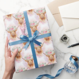 Schotse Hooglanders Roze Bloemen Baby Shower Verja Cadeaupapier