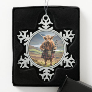Schotse Hooglandkoe Dudelsackspeler,  Tin Sneeuwvlok Ornament