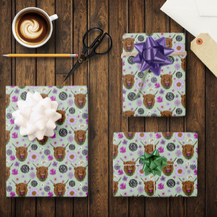 Schotse Hooglandkoe Paarse Keltische Distel Inpakpapier Vel